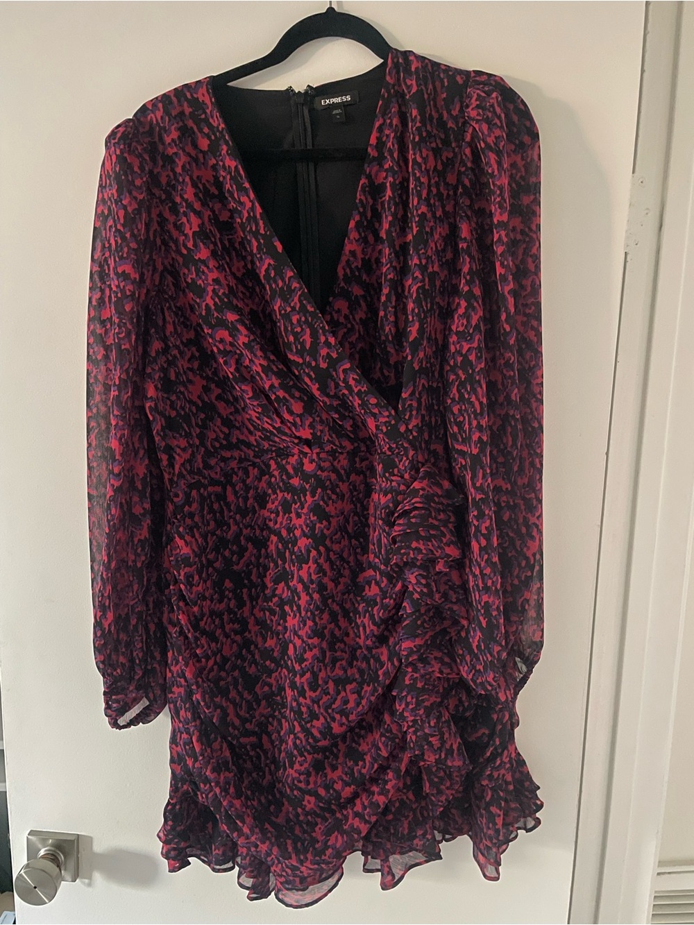 Express Magenta & Black Faux-Wrap Ruffle Mini Dress XL